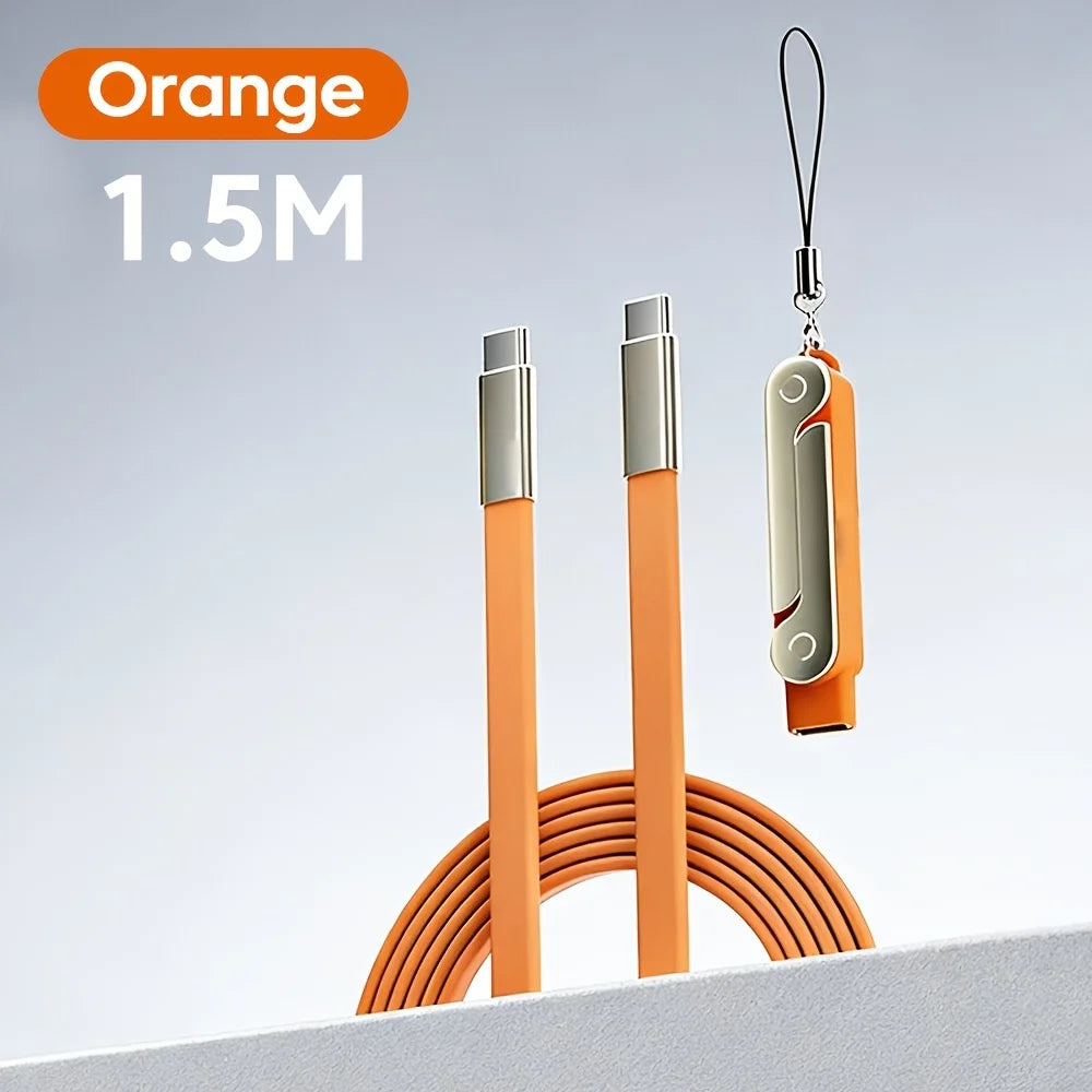 Orange cable with USB connector and keychain on a gray background