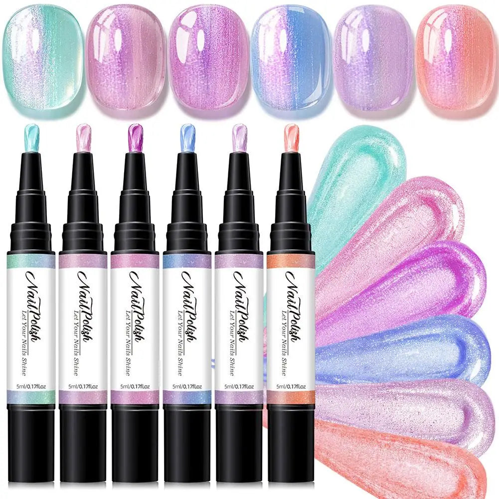 6-Color Pearlescent Gel Nail Polish Pen Set – 3-in-1 No Base Coat Needed, Quick Dry DIY Manicure