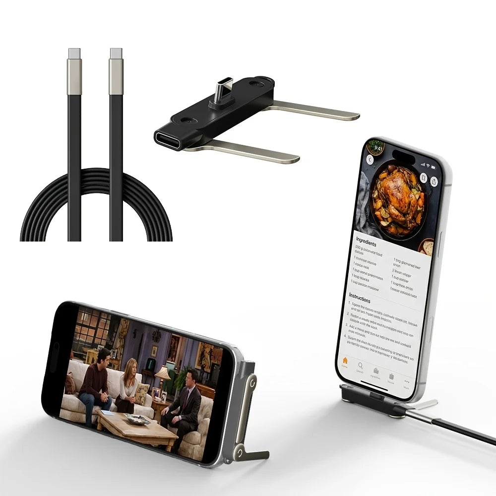 Phone stand with cable and clip on a white background
