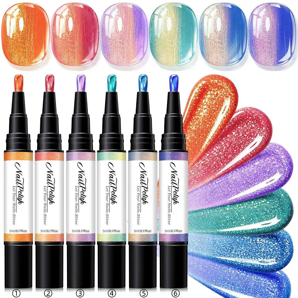 6-Color Pearlescent Gel Nail Polish Pen Set – 3-in-1 No Base Coat Needed, Quick Dry DIY Manicure