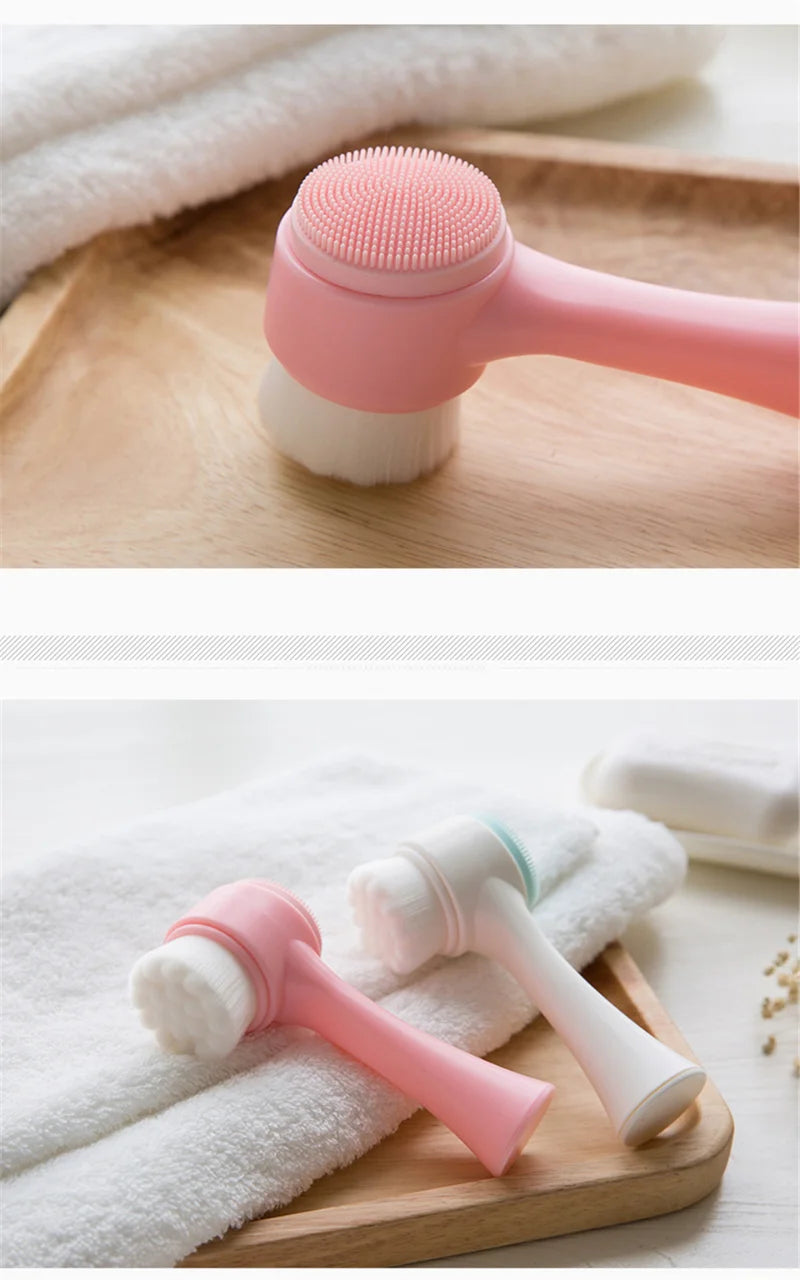 Pink facial cleansing brush on a wooden tray with white towels