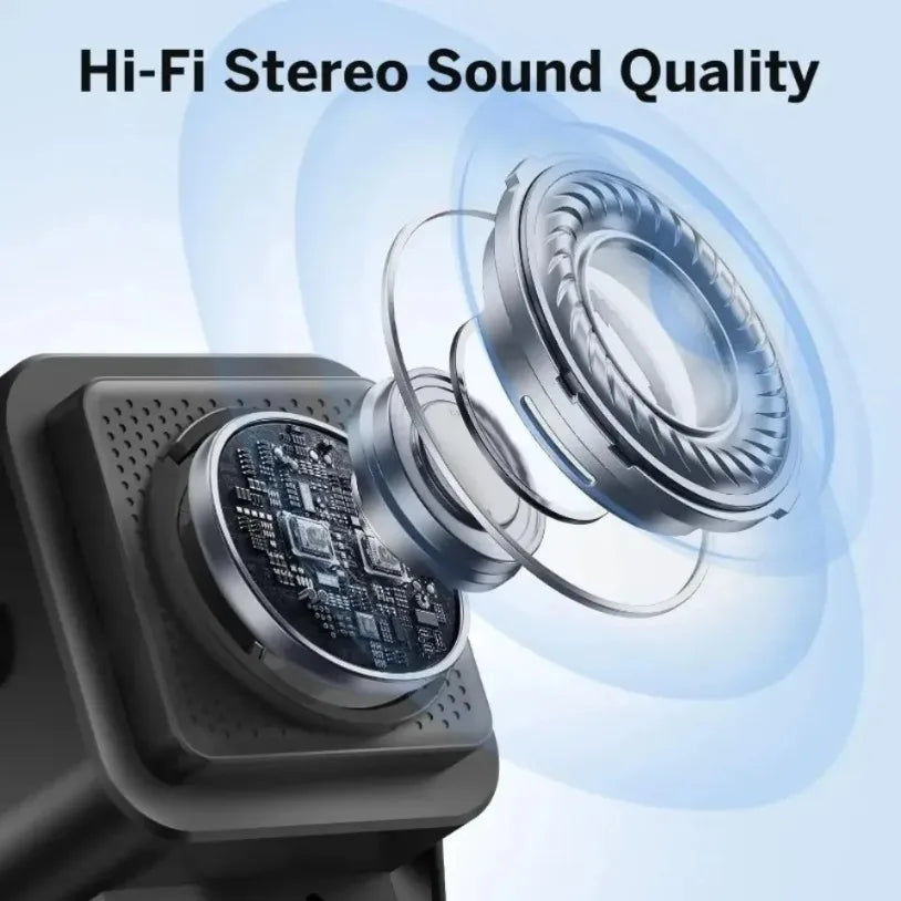 Close-up of a speaker with electronic components, highlighting Hi-Fi stereo sound quality on a light blue background.