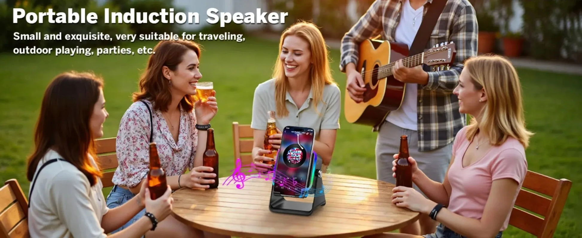 Portable induction speaker on a table with people around, one playing guitar.