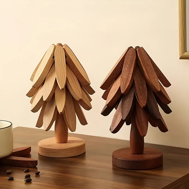 Foldable Wooden Tree Trivet – Heat-Resistant Table Mat, Pot Holder & Cup Coaster