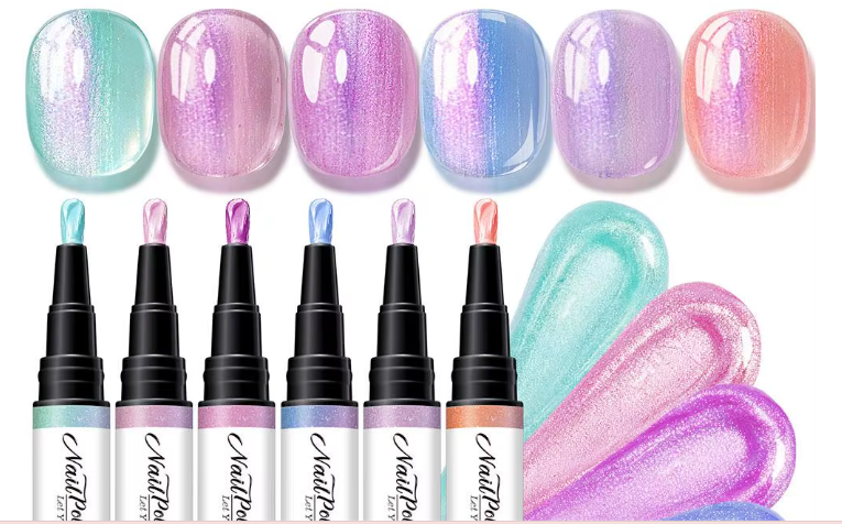6-Color Pearlescent Gel Nail Polish Pen Set – 3-in-1 No Base Coat Needed, Quick Dry DIY Manicure