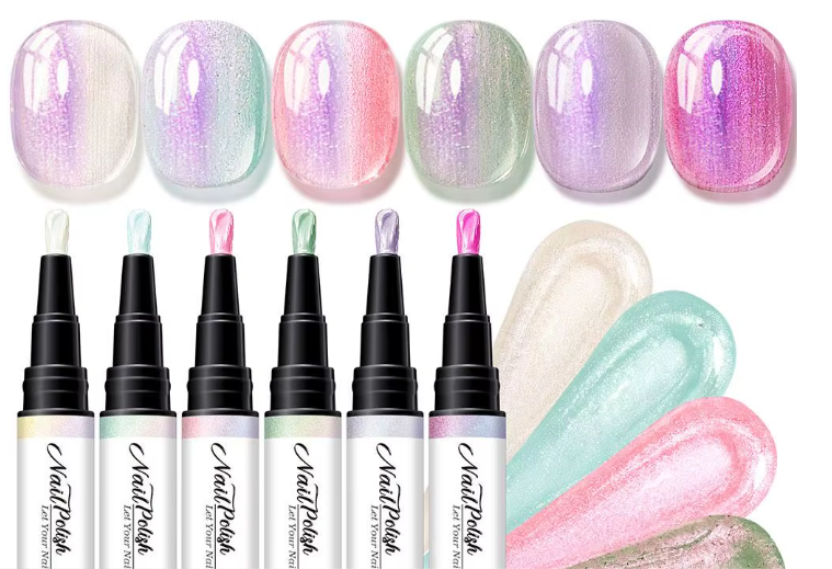 6-Color Pearlescent Gel Nail Polish Pen Set – 3-in-1 No Base Coat Needed, Quick Dry DIY Manicure