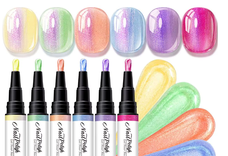 6-Color Pearlescent Gel Nail Polish Pen Set – 3-in-1 No Base Coat Needed, Quick Dry DIY Manicure