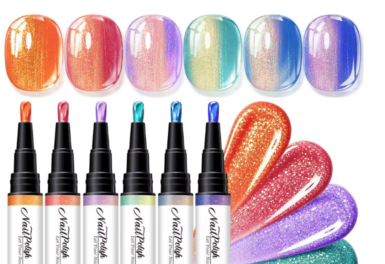 6-Color Pearlescent Gel Nail Polish Pen Set – 3-in-1 No Base Coat Needed, Quick Dry DIY Manicure