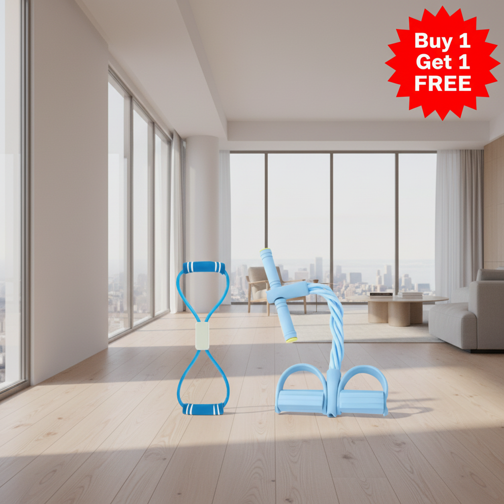 Two light blue fitness resistance bands on a plain white background: a looped handleband on the left and a rope pull-up/abdominal exercise bar on the right.