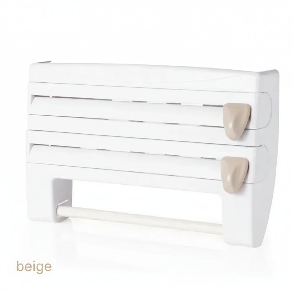 White wall-mounted towel holder with beige hooks on a white background