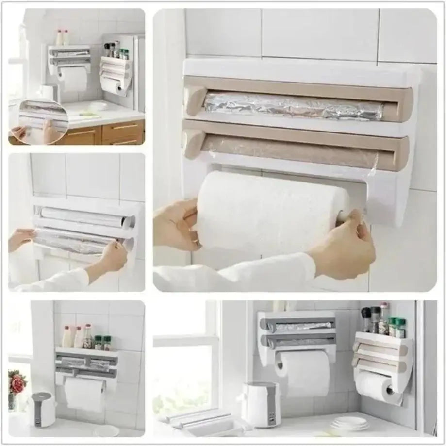 Collage of a kitchen roll holder in use with various kitchen items.