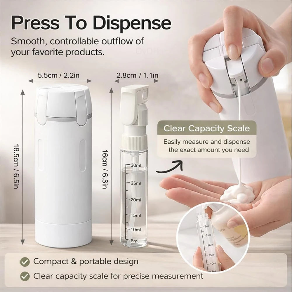 White cylindrical dispensing pump bottle shown with measurement labels and a hand demonstrating controlled dispensing into a small clear measuring bottle. Text reads 'Press To Dispense' and highlights smooth controllable outflow and clear capacity scale.