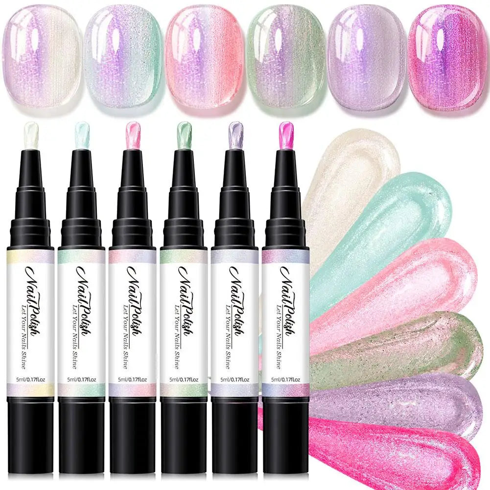 6-Color Pearlescent Gel Nail Polish Pen Set – 3-in-1 No Base Coat Needed, Quick Dry DIY Manicure