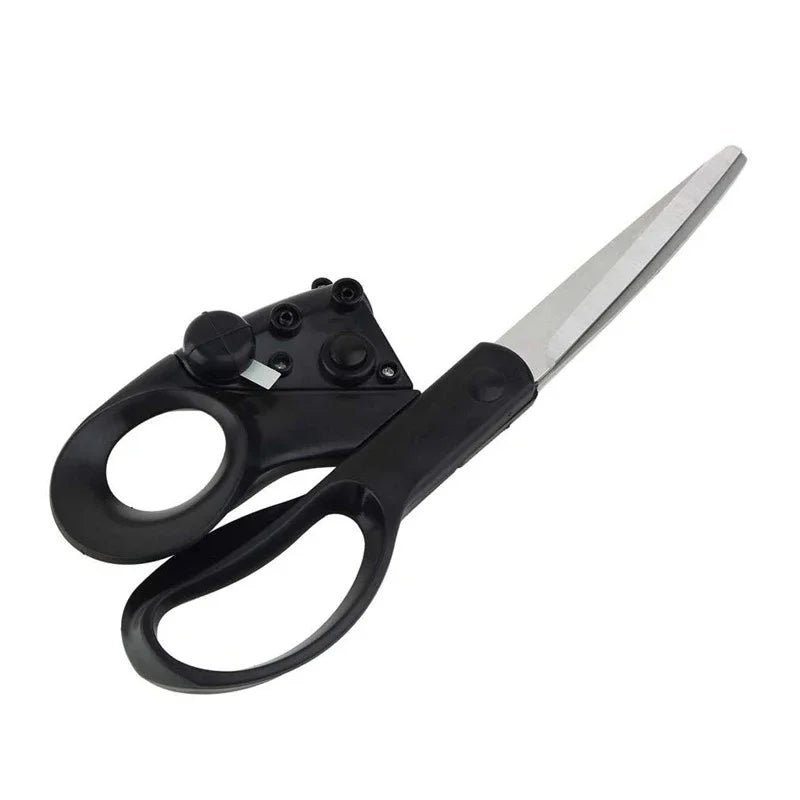 Black-handled scissors with silver blades on a white background