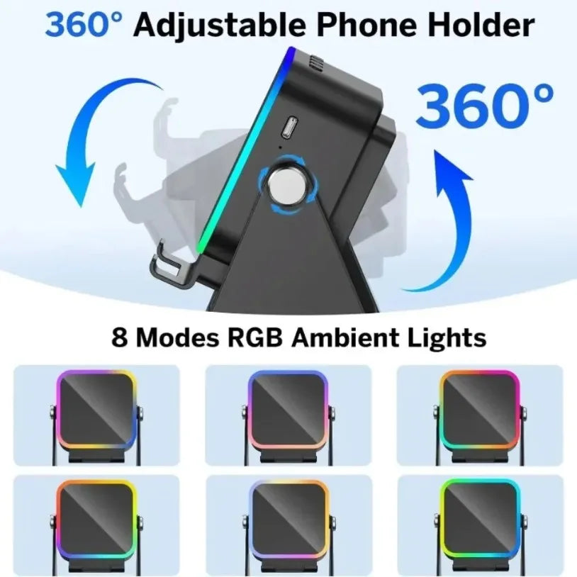 360-degree adjustable phone holder with RGB ambient lights on a blue background