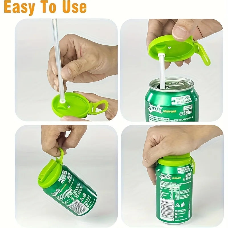 Step-by-step demonstration of using a green can opener on a Sprite can.