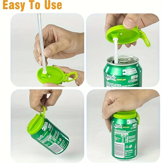 Step-by-step demonstration of using a green can opener on a Sprite can.