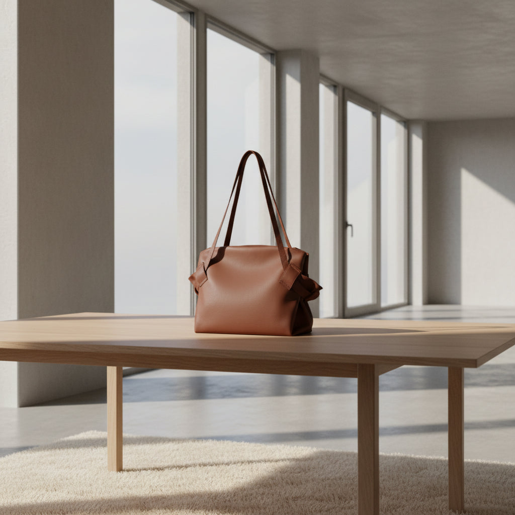 Brown handbag with ruffled details on a white background
